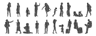 Vektör siluetleri, insanların ana hatları, Contour çizimleri, insanların siluetleri, ikon kümesi izole edilmiş, oturan insanların silueti, mimari set