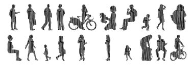 Vektör siluetleri, insanların ana hatları, Contour çizimleri, insanların siluetleri, ikon kümesi izole edilmiş, oturan insanların silueti, mimari set