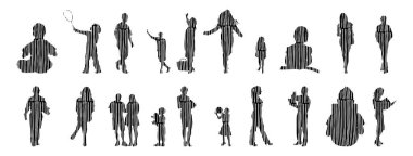 Vektör siluetleri, insanların ana hatları, Contour çizimleri, insanların siluetleri, ikon kümesi izole edilmiş, oturan insanların silueti, mimari set