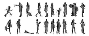 Vektör siluetleri, insanların ana hatları, Contour çizimleri, insanların siluetleri, ikon kümesi izole edilmiş, oturan insanların silueti, mimari set