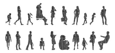 Vektör siluetleri, insanların ana hatları, Contour çizimleri, insanların siluetleri, ikon kümesi izole edilmiş, oturan insanların silueti, mimari set