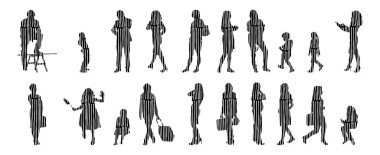 Vektör siluetleri, insanların ana hatları, Contour çizimleri, insanların siluetleri, ikon kümesi izole edilmiş, oturan insanların silueti, mimari set