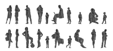 Vektör siluetleri, insanların ana hatları, Contour çizimleri, insanların siluetleri, ikon kümesi izole edilmiş, oturan insanların silueti, mimari set