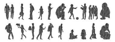 Vektör siluetleri, insanların ana hatları, Contour çizimleri, insanların siluetleri, ikon kümesi izole edilmiş, oturan insanların silueti, mimari set