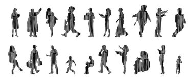 Vektör siluetleri, insanların ana hatları, Contour çizimleri, insanların siluetleri, ikon kümesi izole edilmiş, oturan insanların silueti, mimari set