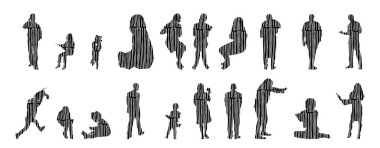 Vektör siluetleri, insanların ana hatları, Contour çizimleri, insanların siluetleri, ikon kümesi izole edilmiş, oturan insanların silueti, mimari set