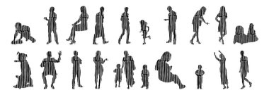 Vektör siluetleri, insanların ana hatları, Contour çizimleri, insanların siluetleri, ikon kümesi izole edilmiş, oturan insanların silueti, mimari set