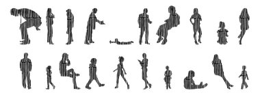 Vektör siluetleri, insanların ana hatları, Contour çizimleri, insanların siluetleri, ikon kümesi izole edilmiş, oturan insanların silueti, mimari set