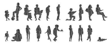 Vektör siluetleri, insanların ana hatları, Contour çizimleri, insanların siluetleri, ikon kümesi izole edilmiş, oturan insanların silueti, mimari set