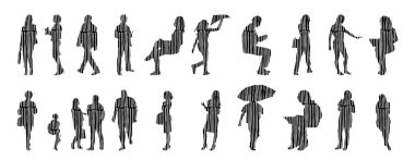 Vektör siluetleri, insanların ana hatları, Contour çizimleri, insanların siluetleri, ikon kümesi izole edilmiş, oturan insanların silueti, mimari set