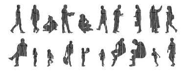 Vektör siluetleri, insanların ana hatları, Contour çizimleri, insanların siluetleri, ikon kümesi izole edilmiş, oturan insanların silueti, mimari set