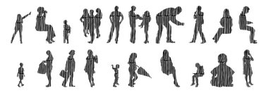 Vektör siluetleri, insanların ana hatları, Contour çizimleri, insanların siluetleri, ikon kümesi izole edilmiş, oturan insanların silueti, mimari set