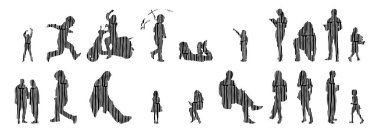 Vektör siluetleri, insanların ana hatları, Contour çizimleri, insanların siluetleri, ikon kümesi izole edilmiş, oturan insanların silueti, mimari set