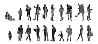 Vektör siluetleri, insanların ana hatları, Contour çizimleri, insanların siluetleri, ikon kümesi izole edilmiş, oturan insanların silueti, mimari set