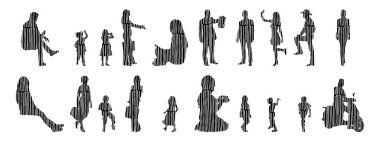 Vektör siluetleri, insanların ana hatları, Contour çizimleri, insanların siluetleri, ikon kümesi izole edilmiş, oturan insanların silueti, mimari set