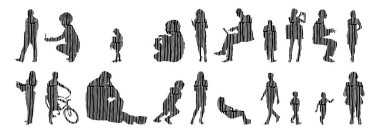 Vektör siluetleri, insanların ana hatları, Contour çizimleri, insanların siluetleri, ikon kümesi izole edilmiş, oturan insanların silueti, mimari set