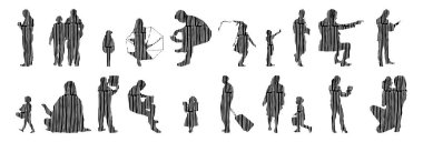 Vektör siluetleri, insanların ana hatları, Contour çizimleri, insanların siluetleri, ikon kümesi izole edilmiş, oturan insanların silueti, mimari set