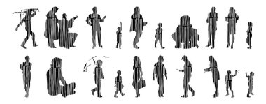 Vektör siluetleri, insanların ana hatları, Contour çizimleri, insanların siluetleri, ikon kümesi izole edilmiş, oturan insanların silueti, mimari set