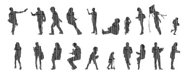 Vektör siluetleri, insanların ana hatları, Contour çizimleri, insanların siluetleri, ikon kümesi izole edilmiş, oturan insanların silueti, mimari set