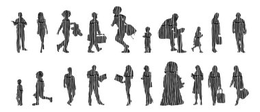 Vektör siluetleri, insanların ana hatları, Contour çizimleri, insanların siluetleri, ikon kümesi izole edilmiş, oturan insanların silueti, mimari set