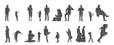 Vektör siluetleri, insanların ana hatları, Contour çizimleri, insanların siluetleri, ikon kümesi izole edilmiş, oturan insanların silueti, mimari set