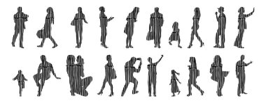 Vektör siluetleri, insanların ana hatları, Contour çizimleri, insanların siluetleri, ikon kümesi izole edilmiş, oturan insanların silueti, mimari set