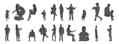 Vektör siluetleri, insanların ana hatları, Contour çizimleri, insanların siluetleri, ikon kümesi izole edilmiş, oturan insanların silueti, mimari set