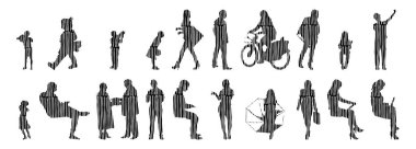 Vektör siluetleri, insanların ana hatları, Contour çizimleri, insanların siluetleri, ikon kümesi izole edilmiş, oturan insanların silueti, mimari set