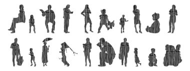 Vektör siluetleri, insanların ana hatları, Contour çizimleri, insanların siluetleri, ikon kümesi izole edilmiş, oturan insanların silueti, mimari set