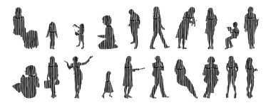 Vektör siluetleri, insanların ana hatları, Contour çizimleri, insanların siluetleri, ikon kümesi izole edilmiş, oturan insanların silueti, mimari set