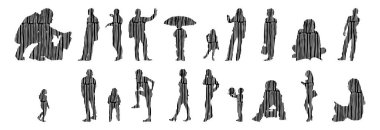 Vektör siluetleri, insanların ana hatları, Contour çizimleri, insanların siluetleri, ikon kümesi izole edilmiş, oturan insanların silueti, mimari set