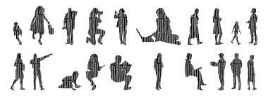 Vektör siluetleri, insanların ana hatları, Contour çizimleri, insanların siluetleri, ikon kümesi izole edilmiş, oturan insanların silueti, mimari set