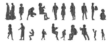 Vektör siluetleri, insanların ana hatları, Contour çizimleri, insanların siluetleri, ikon kümesi izole edilmiş, oturan insanların silueti, mimari set