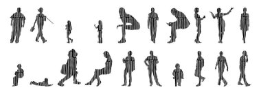 Vektör siluetleri, insanların ana hatları, Contour çizimleri, insanların siluetleri, ikon kümesi izole edilmiş, oturan insanların silueti, mimari set