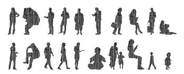 Vektör siluetleri, insanların ana hatları, Contour çizimleri, insanların siluetleri, ikon kümesi izole edilmiş, oturan insanların silueti, mimari set