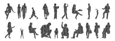 Vektör siluetleri, insanların ana hatları, Contour çizimleri, insanların siluetleri, ikon kümesi izole edilmiş, oturan insanların silueti, mimari set