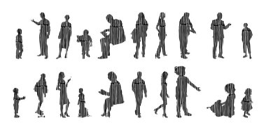 Vektör siluetleri, insanların ana hatları, Contour çizimleri, insanların siluetleri, ikon kümesi izole edilmiş, oturan insanların silueti, mimari set