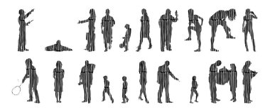 Vektör siluetleri, insanların ana hatları, Contour çizimleri, insanların siluetleri, ikon kümesi izole edilmiş, oturan insanların silueti, mimari set