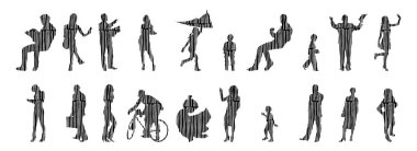 Vektör siluetleri, insanların ana hatları, Contour çizimleri, insanların siluetleri, ikon kümesi izole edilmiş, oturan insanların silueti, mimari set