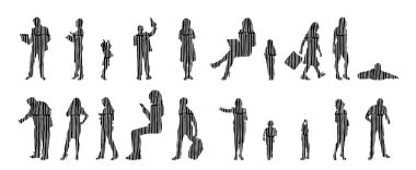 Vektör siluetleri, insanların ana hatları, Contour çizimleri, insanların siluetleri, ikon kümesi izole edilmiş, oturan insanların silueti, mimari set