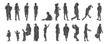 Vektör siluetleri, insanların ana hatları, Contour çizimleri, insanların siluetleri, ikon kümesi izole edilmiş, oturan insanların silueti, mimari set