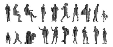 Vektör siluetleri, insanların ana hatları, Contour çizimleri, insanların siluetleri, ikon kümesi izole edilmiş, oturan insanların silueti, mimari set