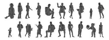 Vektör siluetleri, insanların ana hatları, Contour çizimleri, insanların siluetleri, ikon kümesi izole edilmiş, oturan insanların silueti, mimari set