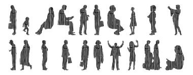 Vektör siluetleri, insanların ana hatları, Contour çizimleri, insanların siluetleri, ikon kümesi izole edilmiş, oturan insanların silueti, mimari set