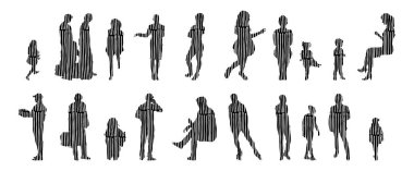 Vektör siluetleri, insanların ana hatları, Contour çizimleri, insanların siluetleri, ikon kümesi izole edilmiş, oturan insanların silueti, mimari set