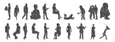 Vektör siluetleri, insanların ana hatları, Contour çizimleri, insanların siluetleri, ikon kümesi izole edilmiş, oturan insanların silueti, mimari set