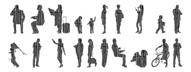 Vektör siluetleri, insanların ana hatları, Contour çizimleri, insanların siluetleri, ikon kümesi izole edilmiş, oturan insanların silueti, mimari set