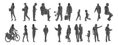 Vektör siluetleri, insanların ana hatları, Contour çizimleri, insanların siluetleri, ikon kümesi izole edilmiş, oturan insanların silueti, mimari set