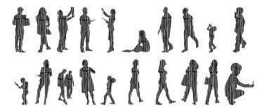 Vektör siluetleri, insanların ana hatları, Contour çizimleri, insanların siluetleri, ikon kümesi izole edilmiş, oturan insanların silueti, mimari set