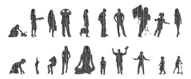 Vektör siluetleri, insanların ana hatları, Contour çizimleri, insanların siluetleri, ikon kümesi izole edilmiş, oturan insanların silueti, mimari set